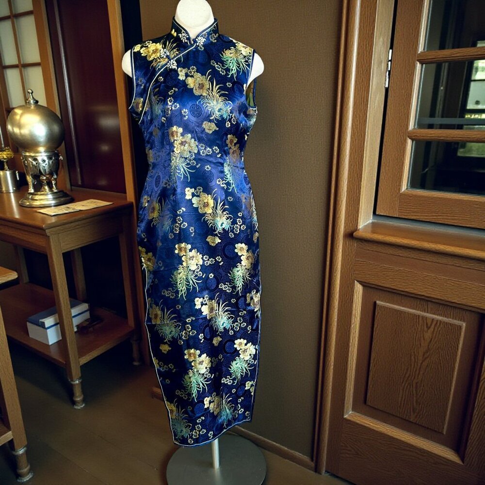 Kunto Blue Brocade Floral Sleeveless Mandarin Style  Maxi Dress Size Large
